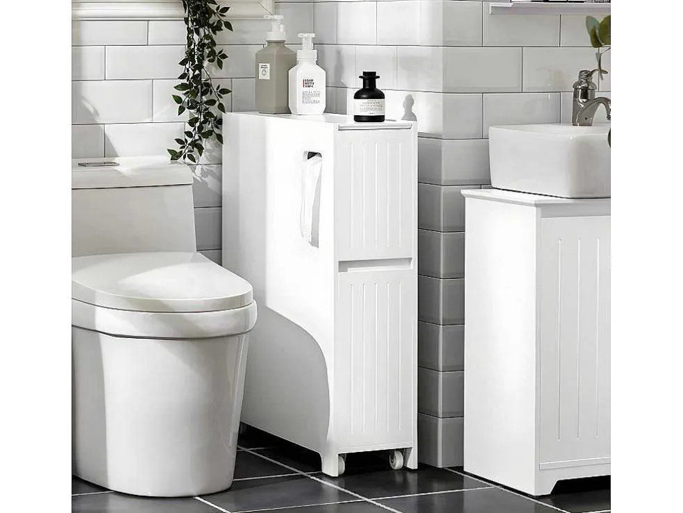 Sobuy Compacte Toiletkast, Smal Badkameropbergmeubel Op Wielen, Toiletrolhouder Met 1 Kanteldeur, 2 Laden En 1 Open Achtercompartiment, Veelzijdige Opbergwagen, 60X20X75 Cm, Bzr111-W