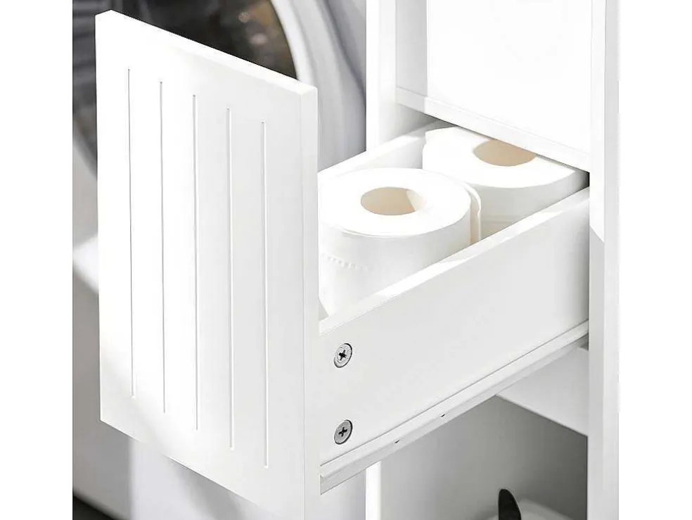 Sobuy Compacte Toiletkast, Smal Badkameropbergmeubel Op Wielen, Toiletrolhouder Met 1 Kanteldeur, 2 Laden En 1 Open Achtercompartiment, Veelzijdige Opbergwagen, 60X20X75 Cm, Bzr111-W