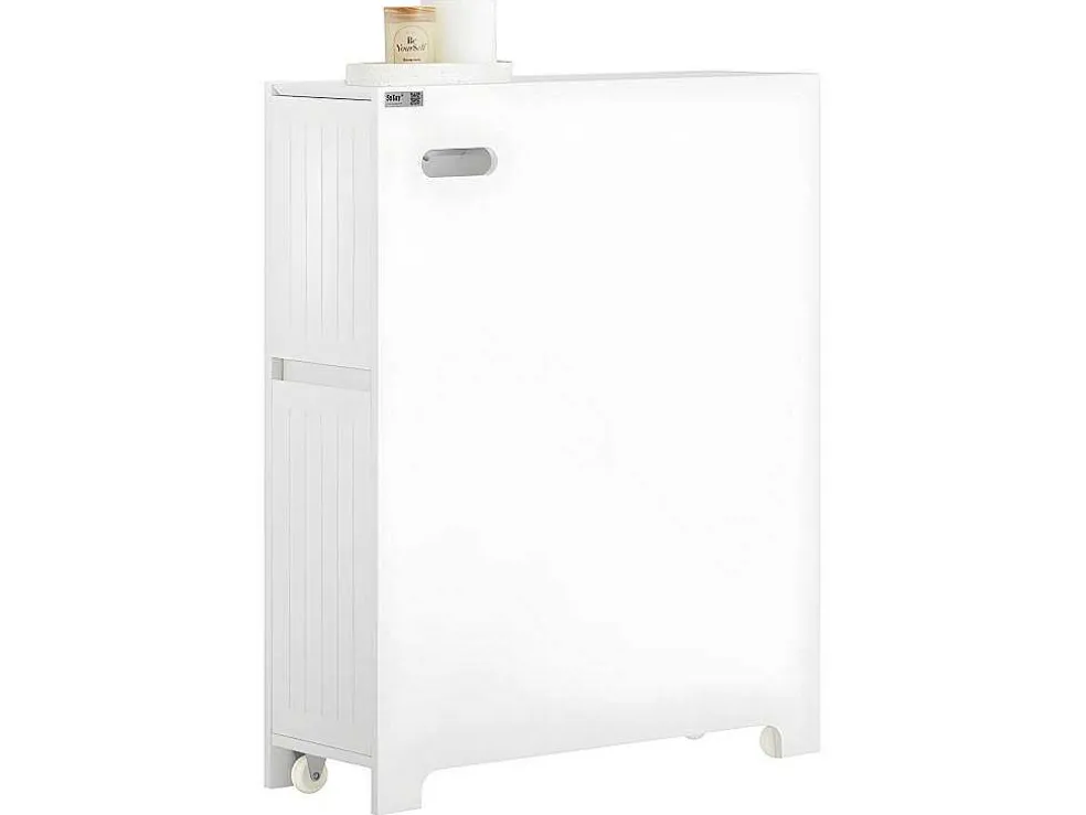 Sobuy Compacte Toiletkast, Smal Badkameropbergmeubel Op Wielen, Toiletrolhouder Met 1 Kanteldeur, 2 Laden En 1 Open Achtercompartiment, Veelzijdige Opbergwagen, 60X20X75 Cm, Bzr111-W
