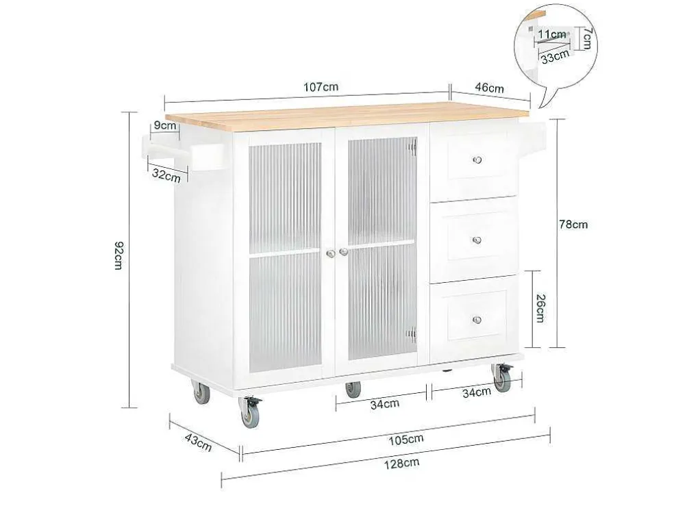 Sobuy Keukentrolley Op Wielen Keukeneiland Serveerwagen Buffetkast Keukenkast Met 3 Laden, 2 Deuren, Kruidenrek En Handdoekenrek, 128X46X92 Cm, Fkw120-Wn