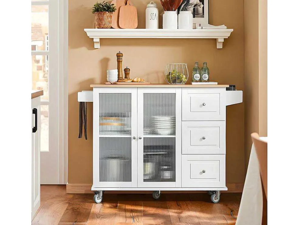 Sobuy Keukentrolley Op Wielen Keukeneiland Serveerwagen Buffetkast Keukenkast Met 3 Laden, 2 Deuren, Kruidenrek En Handdoekenrek, 128X46X92 Cm, Fkw120-Wn