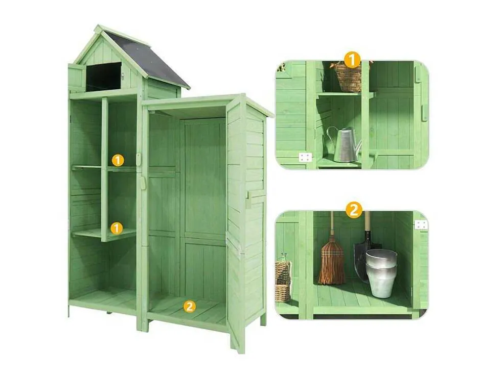 Sparrenhouten Tuinhuis - Gereedschapsschuur Met 2 Geintegreerde Planken - H 173 Cm - Waterdicht Pvc Dak - Groen