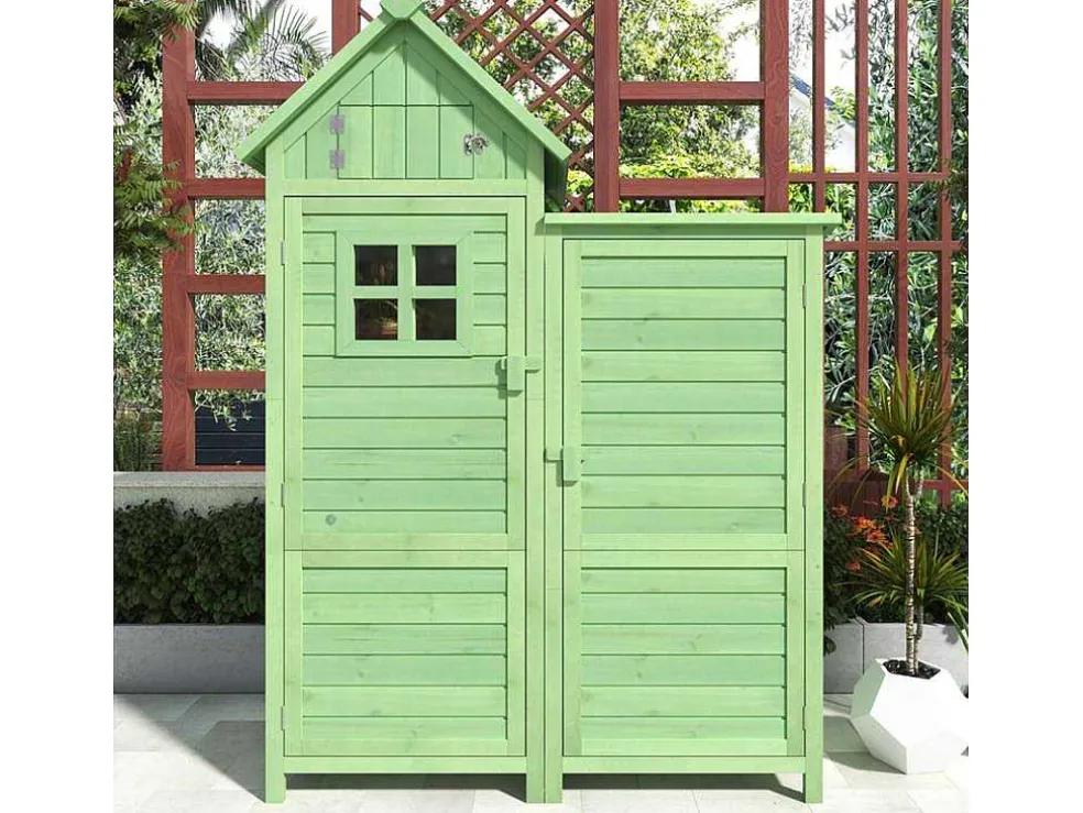 Sparrenhouten Tuinhuis - Gereedschapsschuur Met 2 Geintegreerde Planken - H 173 Cm - Waterdicht Pvc Dak - Groen