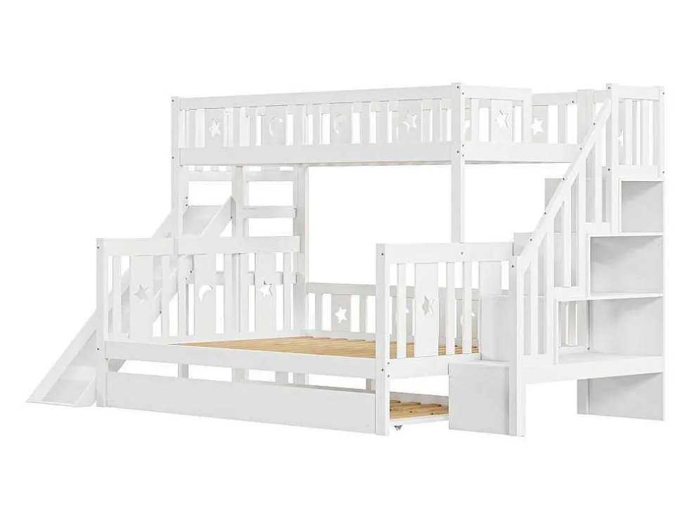Stapelbedden Met Glijbaan En Planken, Onderschuifbed - 2 X 90 X 200 Cm + 140 X 200 Cm - Wit - Anthony