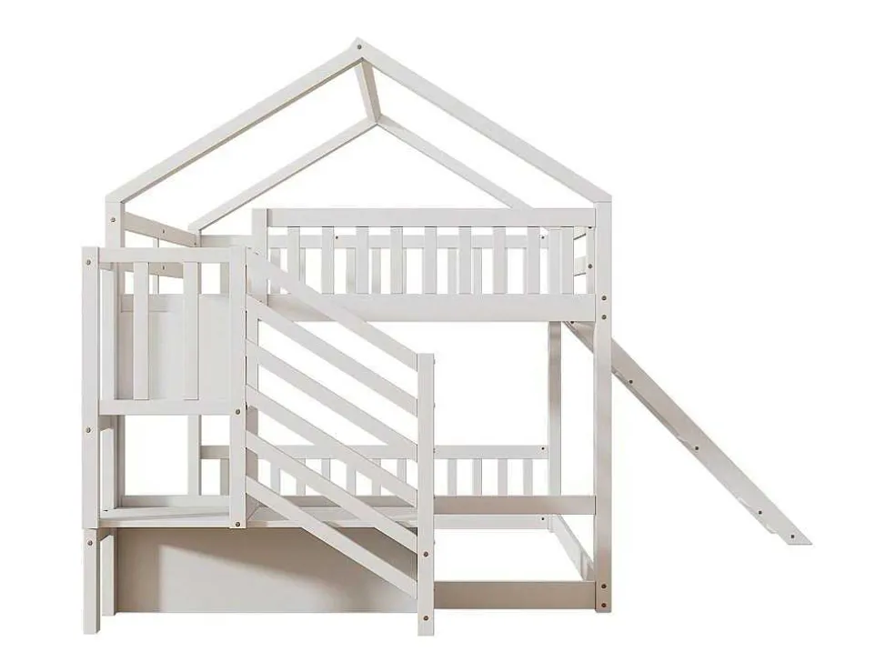 Stapelbedden 140 X 200 Cm - Mdf Hout - Opbergtrap En Glijbaan - Wit