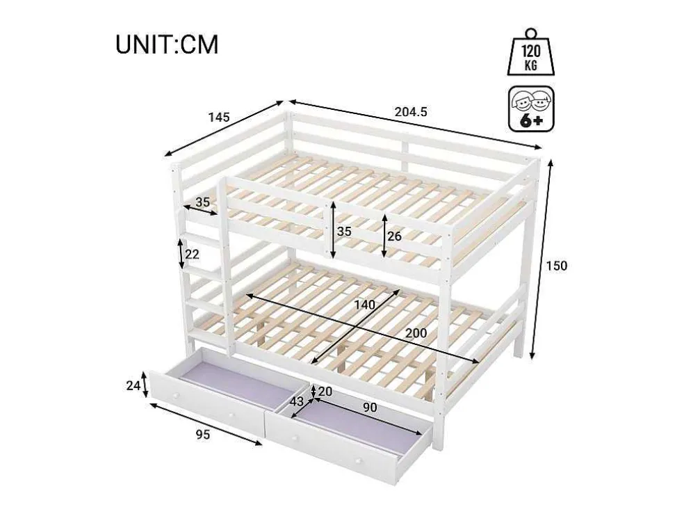 Stapelbedden 140 X 200 Cm Met 2 Grote Lades - Leuning En Trap - Mdf Hout - Grijs