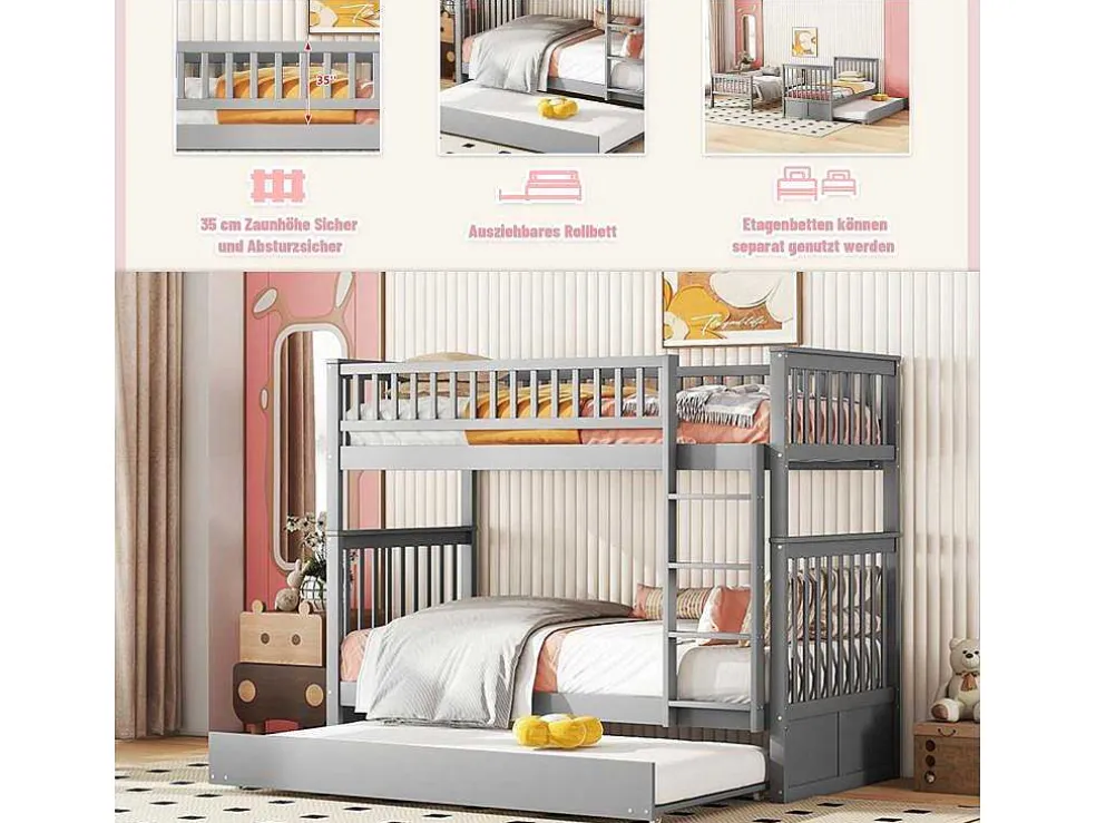 Stapelbedden 2 X 90 X 200 Cm + Onderschuifbed 90 X 190 Cm - Mdf Hout - Grijs - Anthony