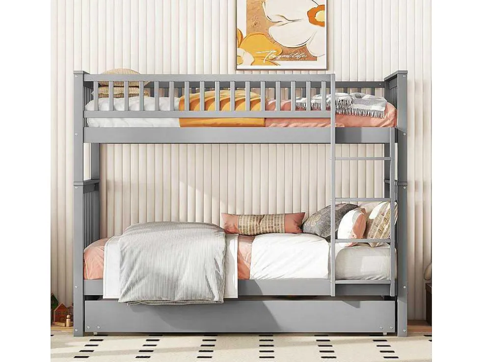 Stapelbedden 2 X 90 X 200 Cm + Onderschuifbed 90 X 190 Cm - Mdf Hout - Grijs - Anthony