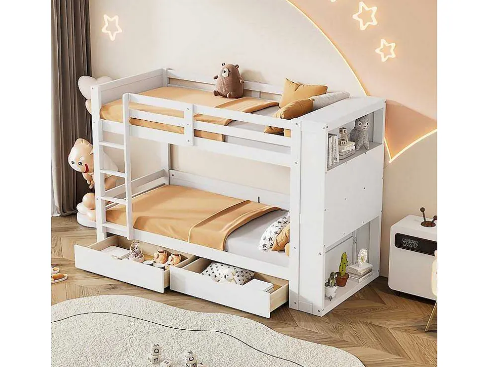 Stapelbedden 2 X 90 X 200 Cm Voor Kinderen - 2 Laden + 6 Vakken + Planken - Mdf Hout - Wit