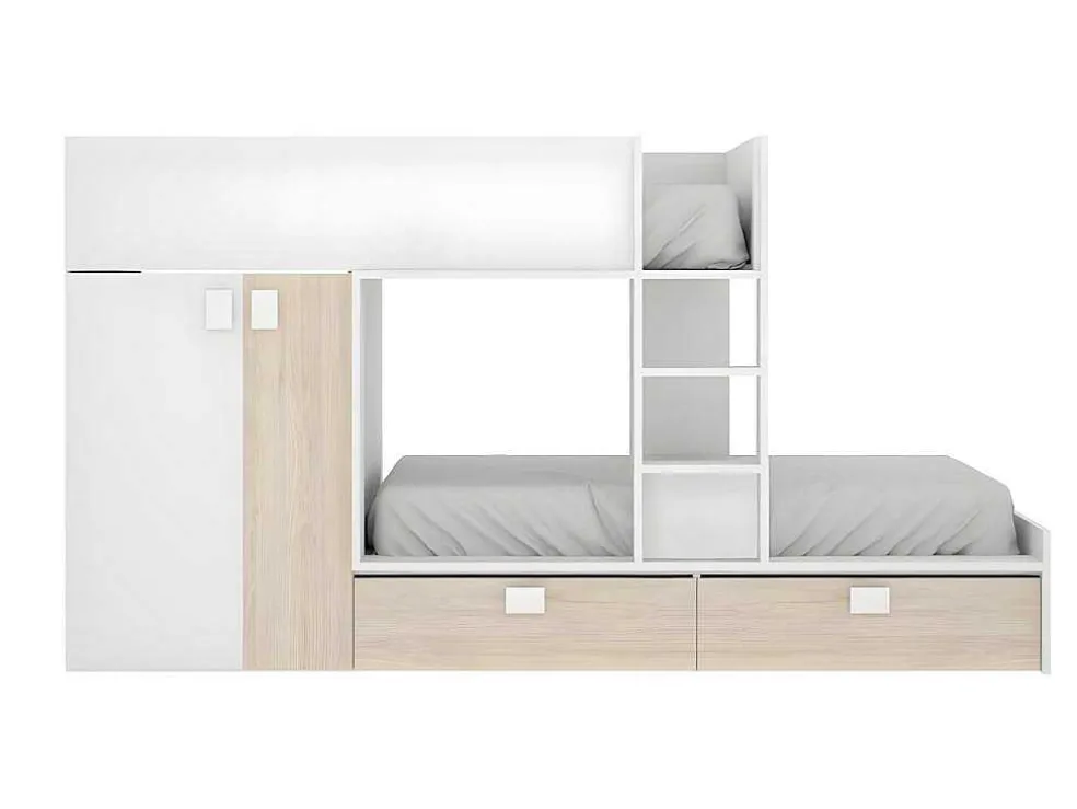 Stapelbed - Ingebouwde Kast - 2X90X190Cm - Wit En Eiken + Matras - Juanito