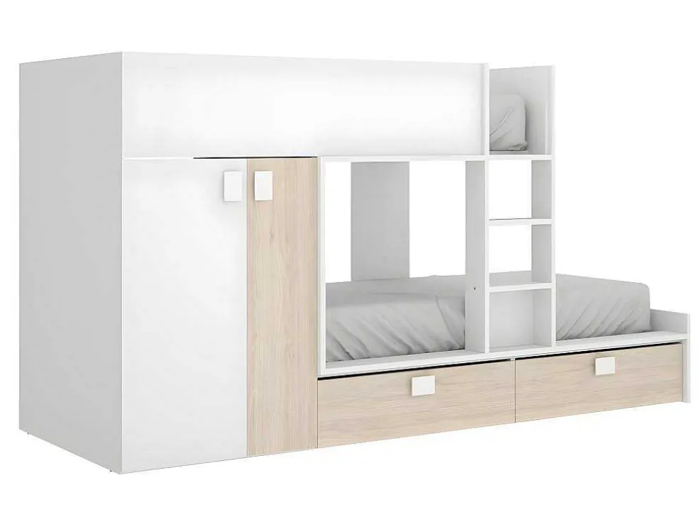 Stapelbed - Ingebouwde Kast - 2X90X190Cm - Wit En Eiken + Matras - Juanito