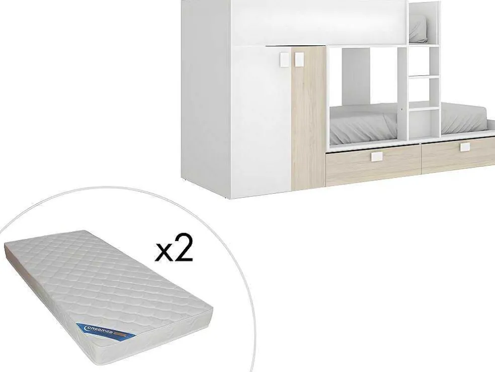 Stapelbed - Ingebouwde Kast - 2X90X190Cm - Wit En Eiken + Matras - Juanito