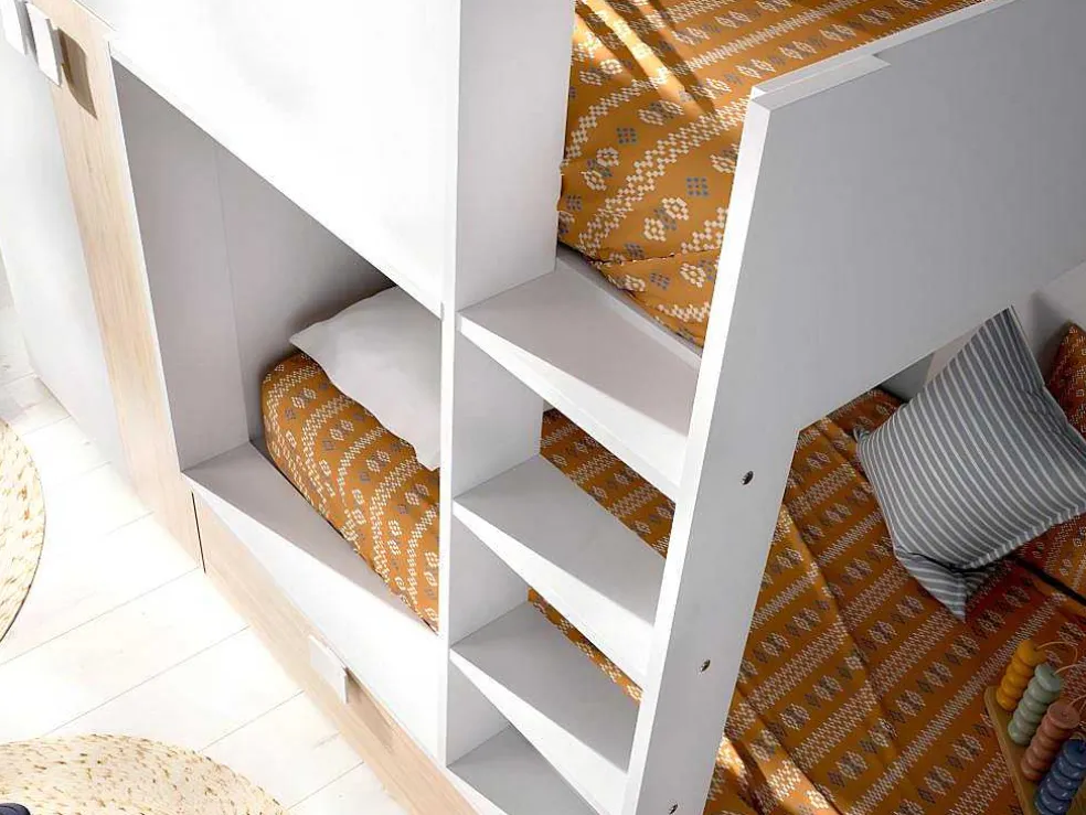 Stapelbed - Ingebouwde Kast - 2X90X190Cm - Wit En Eiken + Matras - Juanito