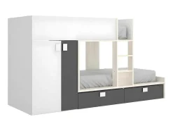 Stapelbed Juanito Met Ingebouwde Kast - 2 X 90 X 190 Cm - Wit, Eiken En Antraciet