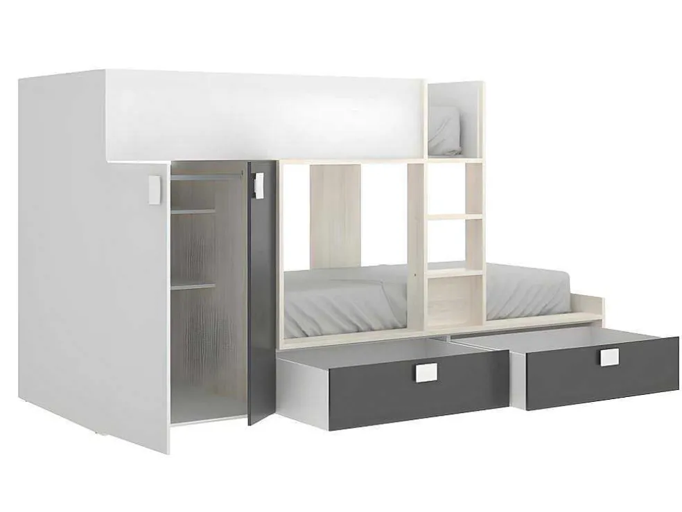 Stapelbed Juanito Met Ingebouwde Kast - 2 X 90 X 190 Cm - Wit, Eiken En Antraciet