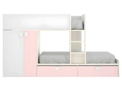Stapelbed Juanito Met Ingebouwde Kast En Opbergruimte - 2X90X190Cm - Wit, Eiken En Roze