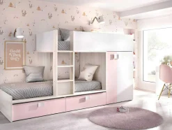 Stapelbed Juanito Met Ingebouwde Kast En Opbergruimte - 2X90X190Cm - Wit, Eiken En Roze