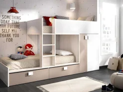 Stapelbed Juanito Met Ingebouwde Kast En Opbergruimte - 2X90X190Cm - Wit, Eiken En Taupe