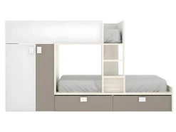 Stapelbed Juanito Met Ingebouwde Kast En Opbergruimte - 2X90X190Cm - Wit, Eiken En Taupe