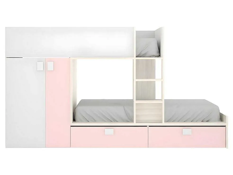 Stapelbed Met Ingebouwde Kast En Opbergruimte 2X90X190Cm - Wit, Eiken En Roze + Matras -Juanito