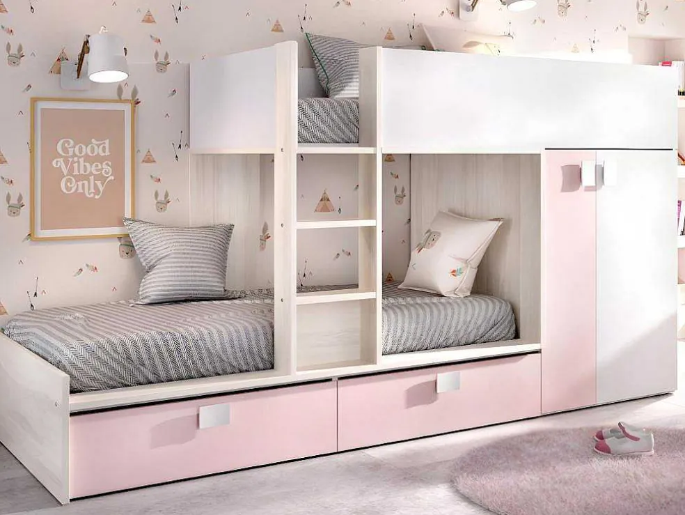 Stapelbed Met Ingebouwde Kast En Opbergruimte 2X90X190Cm - Wit, Eiken En Roze + Matras -Juanito