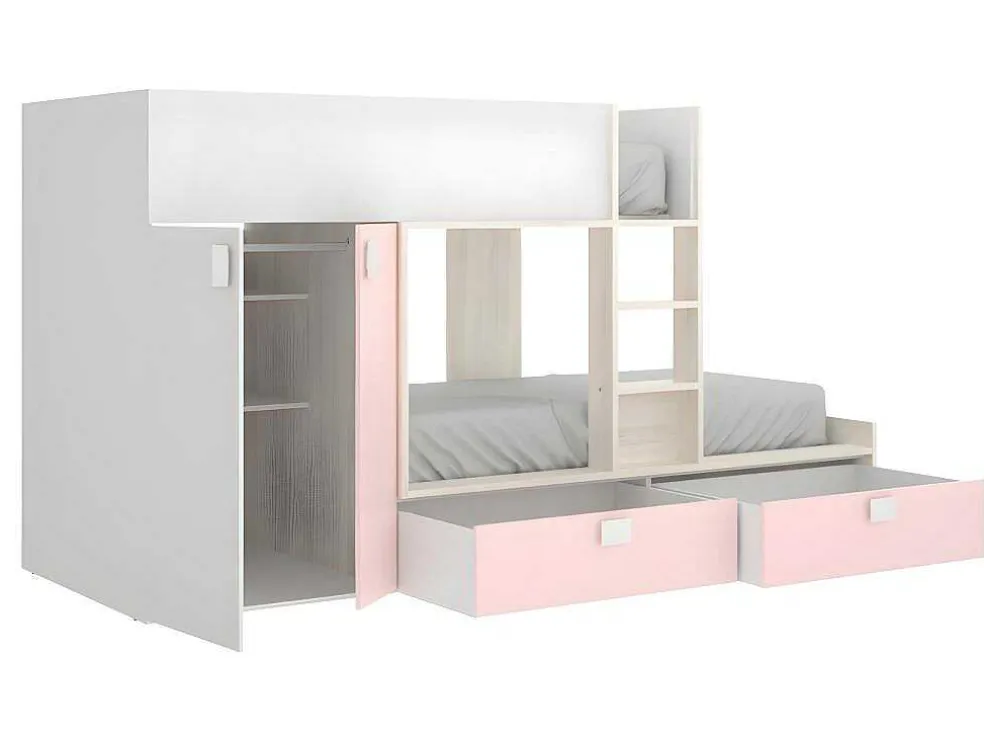 Stapelbed Met Ingebouwde Kast En Opbergruimte 2X90X190Cm - Wit, Eiken En Roze + Matras -Juanito