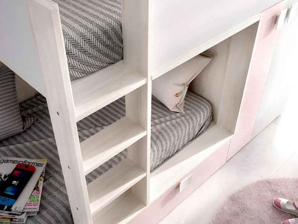 Stapelbed Met Ingebouwde Kast En Opbergruimte 2X90X190Cm - Wit, Eiken En Roze + Matras -Juanito