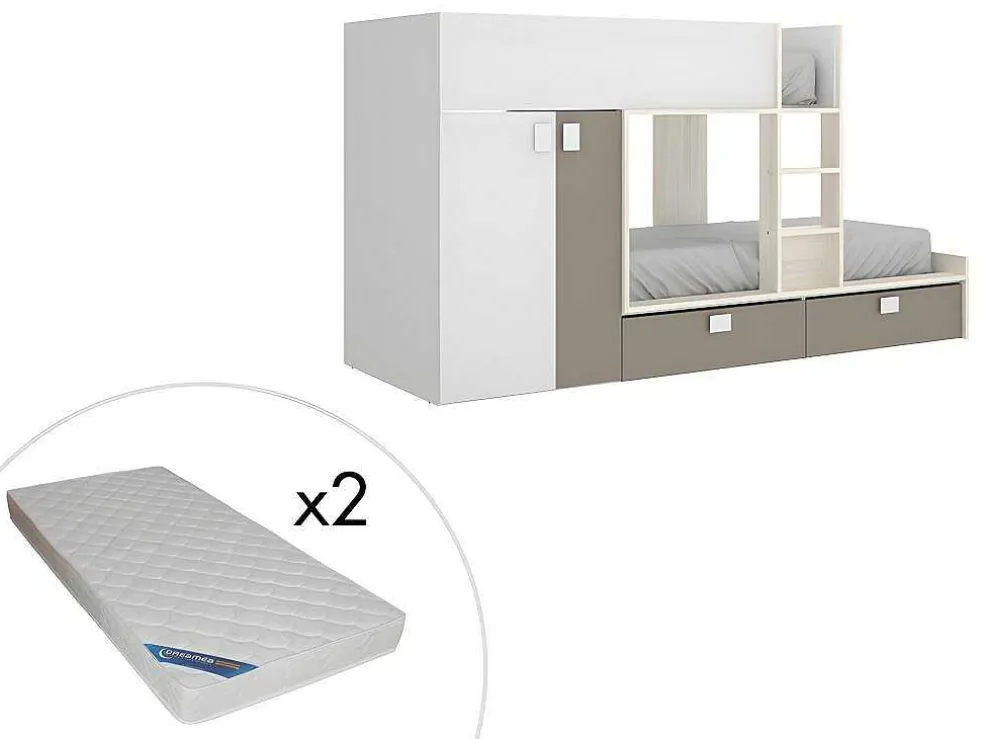 Stapelbed Met Ingebouwde Kast En Opbergruimte 2X90X190Cm - Wit, Eiken En Taupe + Matras - Juanito