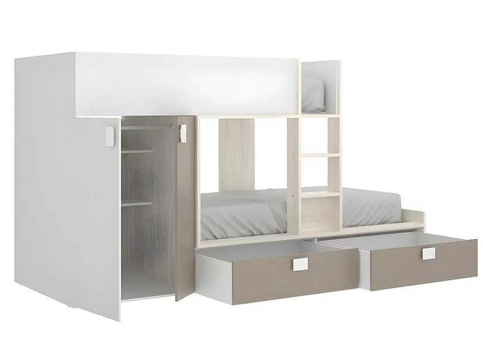 Stapelbed Met Ingebouwde Kast En Opbergruimte 2X90X190Cm - Wit, Eiken En Taupe + Matras - Juanito