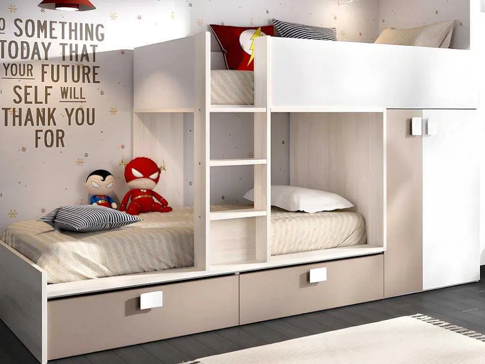 Stapelbed Met Ingebouwde Kast En Opbergruimte 2X90X190Cm - Wit, Eiken En Taupe + Matras - Juanito