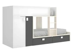 Stapelbed Met Ingebouwde Kast 2 X 90 X 190 Cm - Wit, Eiken En Antraciet + Matras - Juanito