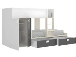 Stapelbed Met Ingebouwde Kast 2 X 90 X 190 Cm - Wit, Eiken En Antraciet + Matras - Juanito