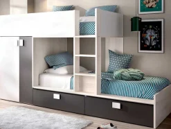 Stapelbed Met Ingebouwde Kast 2 X 90 X 190 Cm - Wit, Eiken En Antraciet + Matras - Juanito
