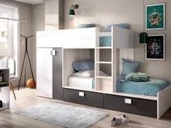 Stapelbed Met Ingebouwde Kast 2 X 90 X 190 Cm - Wit, Eiken En Antraciet + Matras - Juanito