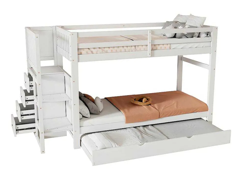 Stapelbed Met Onderschuifbed - Massief Grenenhout - 3X90X200 Cm - Opbergtrap Met 4 Lades - Veiligheidsbarrieres - Wit