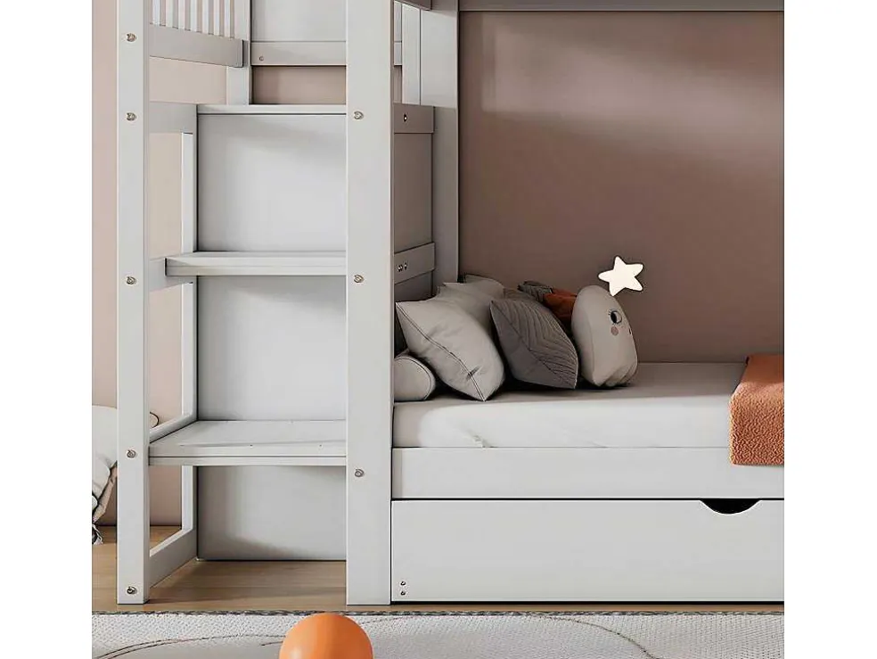 Stapelbed Met Onderschuifbed - Massief Grenenhout - 3X90X200 Cm - Opbergtrap Met 4 Lades - Veiligheidsbarrieres - Wit