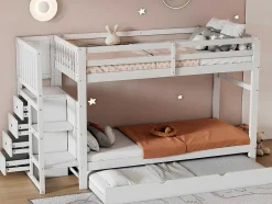 Stapelbed Met Onderschuifbed - Massief Grenenhout - 3X90X200 Cm - Opbergtrap Met 4 Lades - Veiligheidsbarrieres - Wit