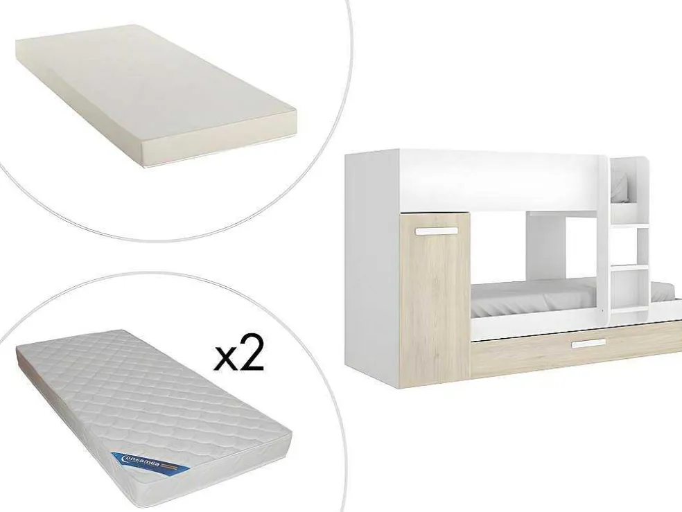 Stapelbed Met Onderschuifbed Anthony Met Opbergruimte 3X90X190Cm - Kleuren: Wit En Eik + Matras