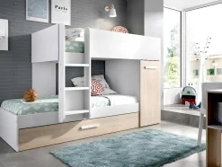 Stapelbed Met Onderschuifbed Anthony Met Opbergruimte 3X90X190Cm - Kleuren: Wit En Eik + Matras