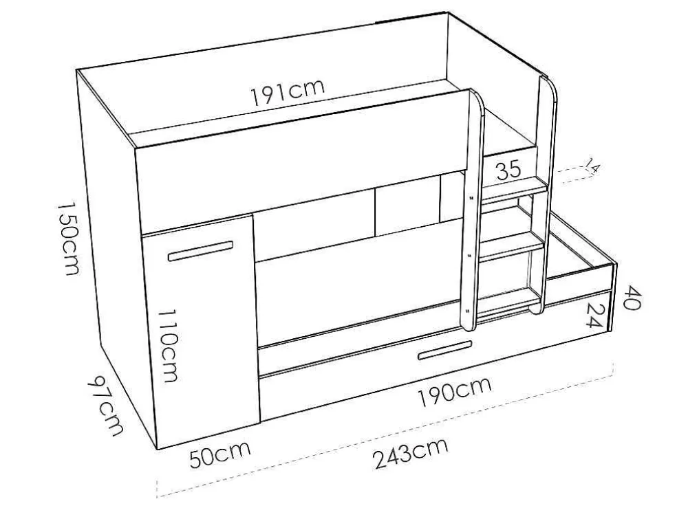 Stapelbed Met Onderschuifbed Anthony Met Opbergruimte 3X90X190Cm - Kleuren: Wit En Eik + Matras