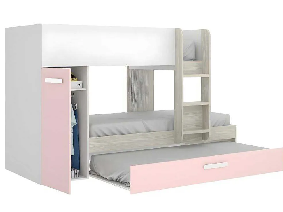 Stapelbed Met Opbergruimtes 3 X 90 X 190 Cm - Wit, Naturel En Roze - Met Matras - Anthony