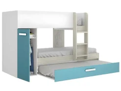 Stapelbed Met Slaaplade En Opbergruimtes 3 X 90 X 190 Cm - Wit, Naturel En Blauw - Met Matras - Anthony