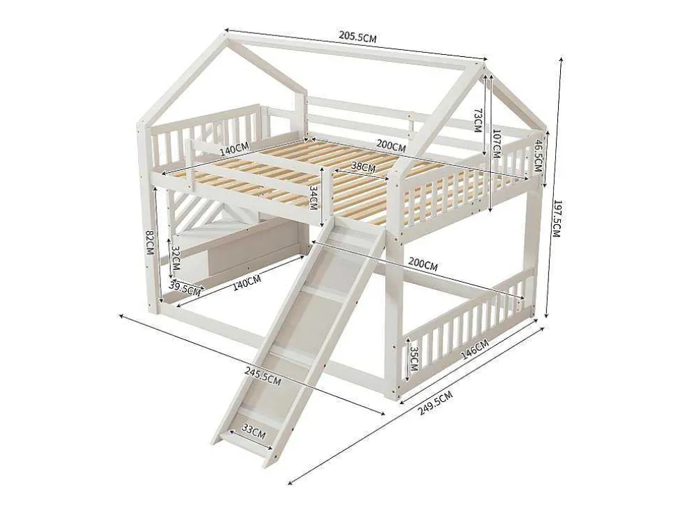 Stapelbed Voor Kinderen 140X200Cm - Met Opbergtrap En Glijbaan - Wit