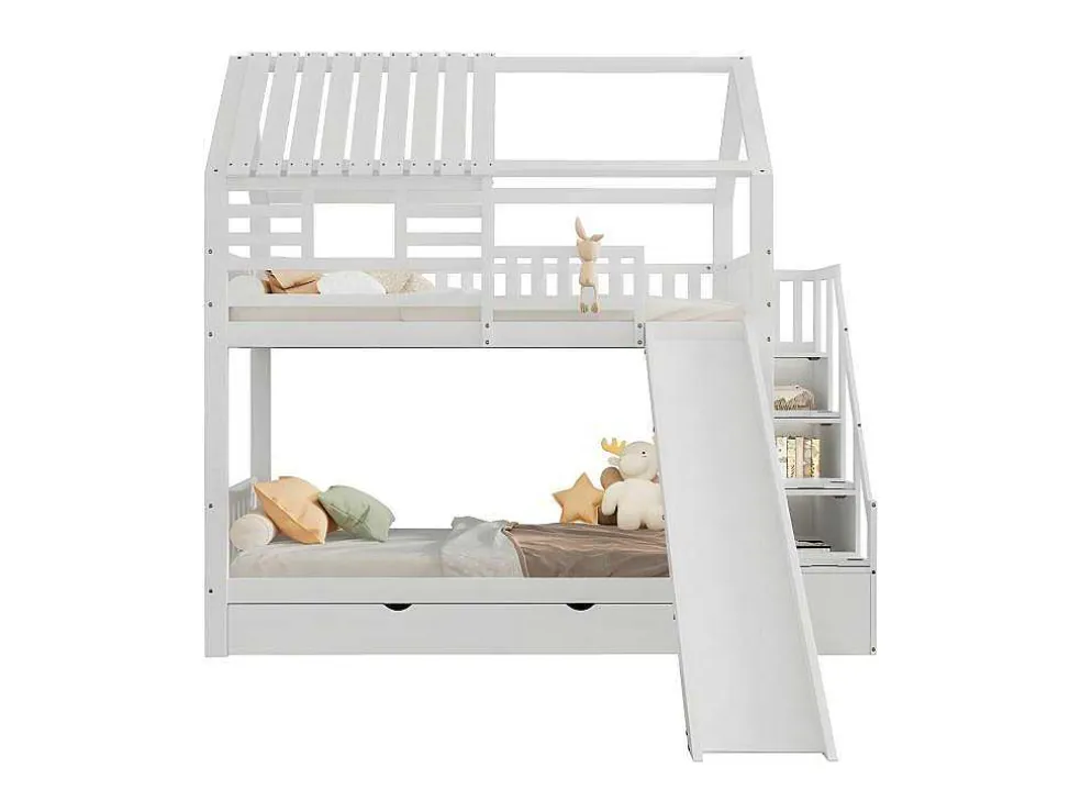 Stapelbed 90X200Cm - Grenenhout En Mdf Structuur - Met Glijbaan En Opbergtrap - Een Grote Lade Onder Het Bed - Wit