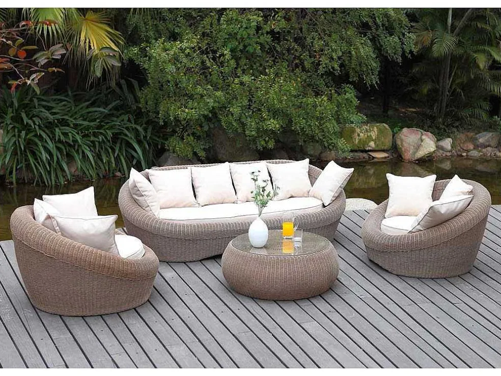 Tuin Loungeset Van Karamel Gevolchten Hars - Zitbank & 2 Fauteuils & Salontafel - Whiteheaven