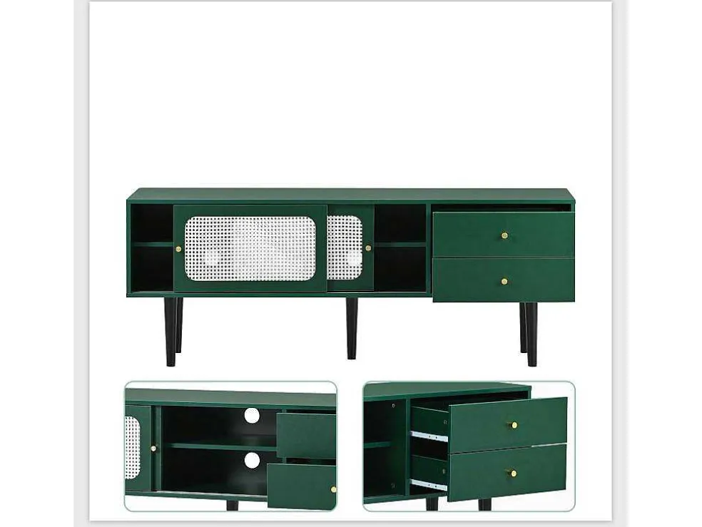 Tv-Meubel 160 Cm - 2 Rotan Schuifdeuren En 2 Lades - Groen