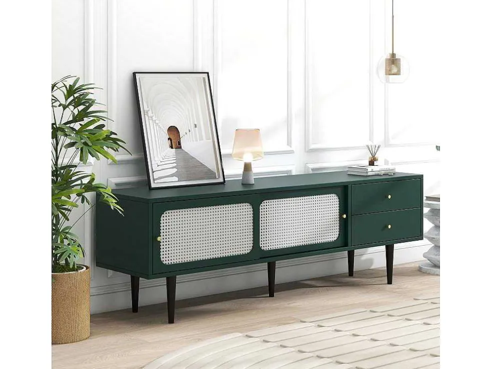 Tv-Meubel 160 Cm - 2 Rotan Schuifdeuren En 2 Lades - Groen