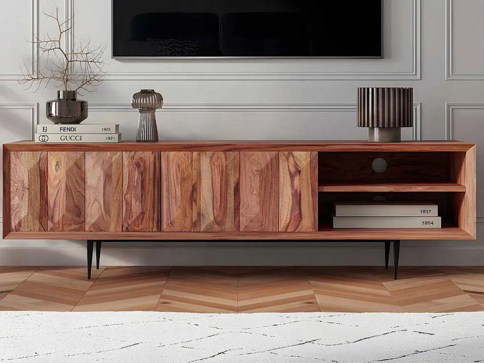 Tv-Meubel Met 2 Deuren En 2 Niche - Sheesham Hout En Metaal - Kleur: Natuurlijk - Zelicina
