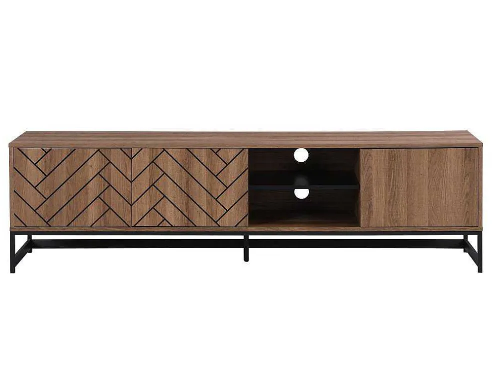 Tv-Meubel Met 3 Deuren En 2 Nissen - Mdf - Naturel En Zwart - Caratana