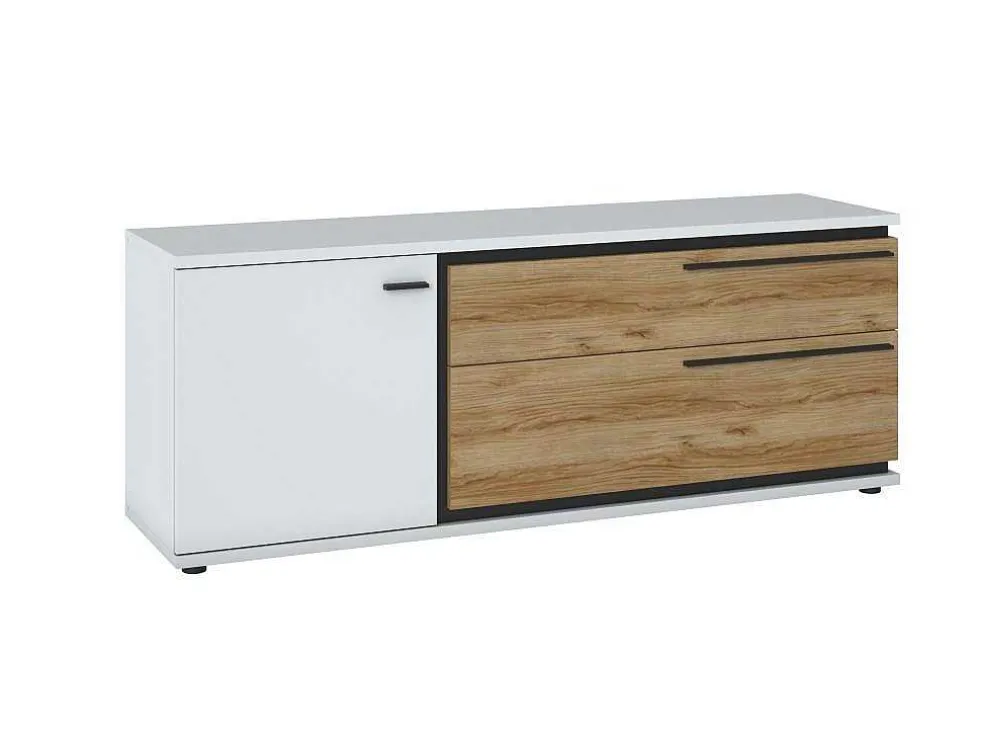 Tv-Meubel Met 1 Deur En 2 Laden - Naturel En Wit - Nisuka
